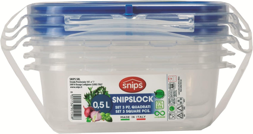 Snips SnipsLock -Set 3 Pezzi Contenitori Per Alimenti Quadrati da 0,5 LT Trasparente con Decoro -Made In Italy - BPA FREE
