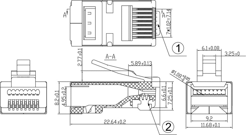 Confezione 100 Plug modulari RJ45 Passanti Cat6 STP