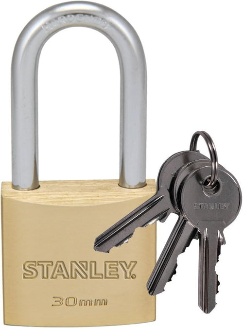 Stanley Lucchetto Arco Lungo in Acciaio Cementato, Corpo in Ottone Massiccio 30 mm, 3 Chiavi