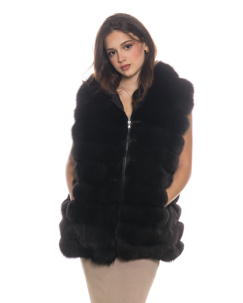 Arianna - Smanicato Donna Nero in vera pelliccia di volpe con cappuccio