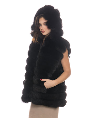 Arianna - Smanicato Donna Nero in vera pelliccia di volpe con cappuccio