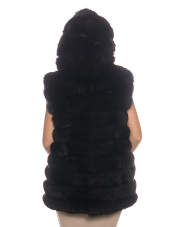 Arianna - Smanicato Donna Nero in vera pelliccia di volpe con cappuccio