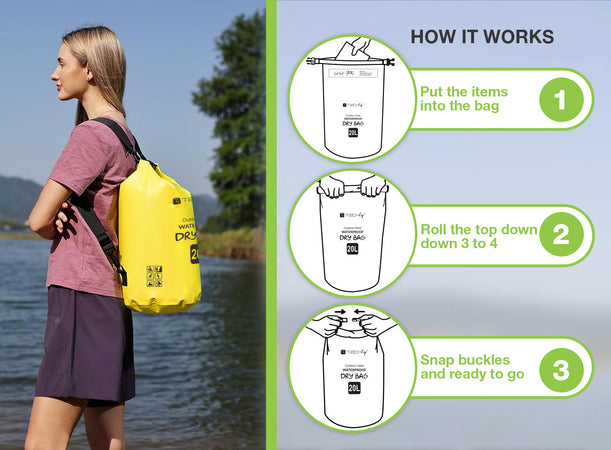 Sacca Impermeabile 20L Dry Bag con Tracolla Regolabile Giallo