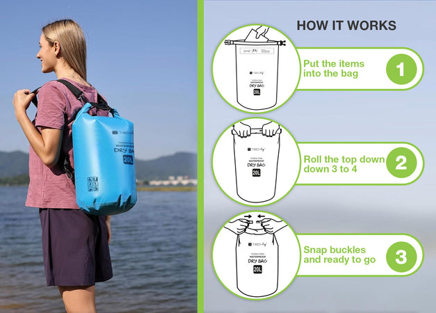 Sacca Impermeabile 20L Dry Bag con Tracolla Regolabile Azzurro