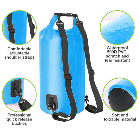 Sacca Impermeabile 20L Dry Bag con Tracolla Regolabile Azzurro