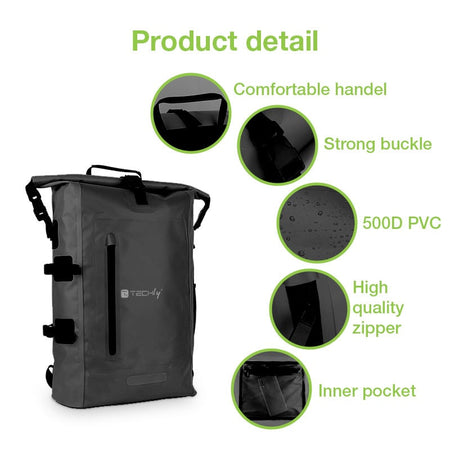 Zaino Impermeabile 25L Roll-Top con Tracolla Regolabile Nero