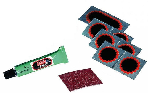 Kit riparazione camera d'aria bicicletta bici colla + 6 toppe + raspa bc 28