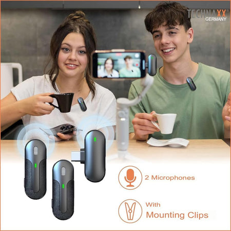 Set 2 Mini Microfoni Lavalier Wireless con Ricevitore USB-C&trade e Custodia di Ricarica, TX301