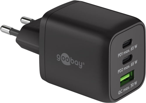 Nano Caricatore Alimentatore GaN 2xUSB-C&trade (PD) + USB-A (QC) da Muro 65W Nero
