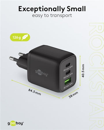 Nano Caricatore Alimentatore GaN 2xUSB-C&trade (PD) + USB-A (QC) da Muro 65W Nero