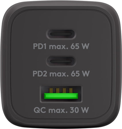 Nano Caricatore Alimentatore GaN 2xUSB-C&trade (PD) + USB-A (QC) da Muro 65W Nero