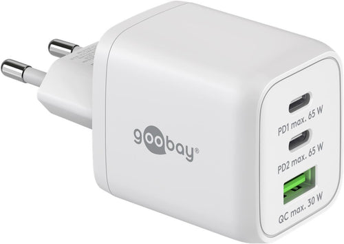 Nano Caricatore Alimentatore GaN 2xUSB-C&trade (PD) + USB-A (QC) da Muro 65W Bianco