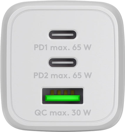 Nano Caricatore Alimentatore GaN 2xUSB-C&trade (PD) + USB-A (QC) da Muro 65W Bianco