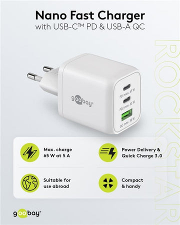 Nano Caricatore Alimentatore GaN 2xUSB-C&trade (PD) + USB-A (QC) da Muro 65W Bianco