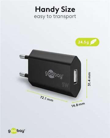 Caricatore USB 1A 5W Compatto Spina Europea Nero