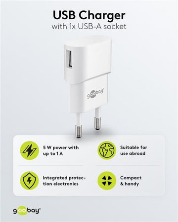 Caricatore USB 1A 5W Compatto Spina Europea Bianco