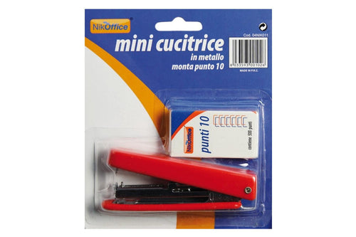 Mini cucitrice tascabile corpo in ABS e carrello in acciaio. Monta punti N.10. Blister con punti inclusi.