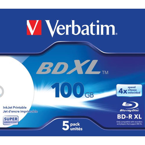 Verbatim BD-R XL 100GB* 4x Ampia area stampabile a getto d\'inchiostro, 5 pezzi in Jewel case