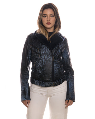 Emma - Chiodo donna in vera pelle e montone Blu