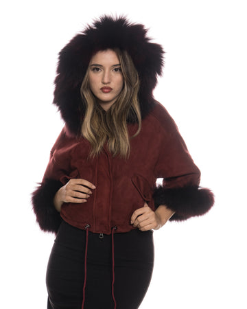 Beatrice - Giacca Donna Bordeaux in vera pelle e vera pelliccia
