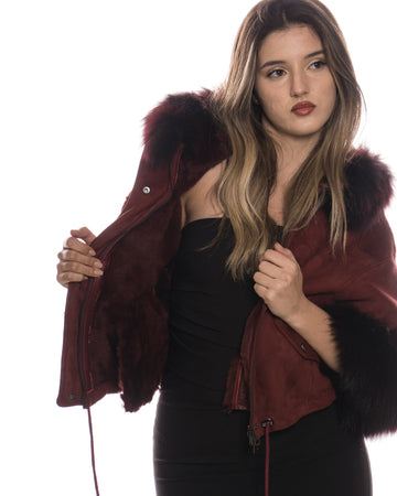 Beatrice - Giacca Donna Bordeaux in vera pelle e vera pelliccia