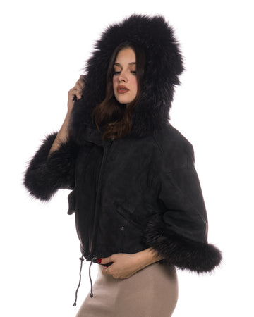 Beatrice - Giacca Donna Blu in vera pelle e vera pelliccia