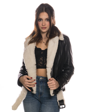Emma - Chiodo donna in Vera Pelle Nera e Montone Bianco