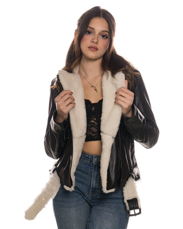 Emma - Chiodo donna in Vera Pelle Nera e Montone Bianco