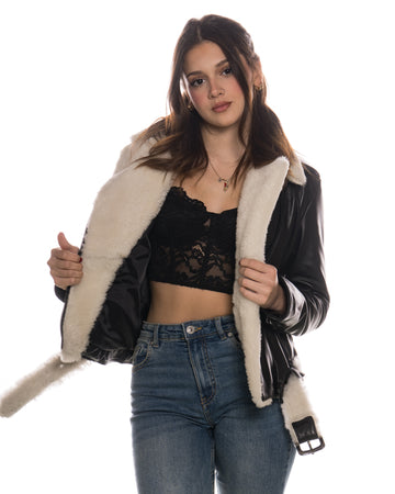 Emma - Chiodo donna in Vera Pelle Nera e Montone Bianco