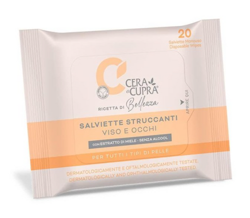 Cera di cupra salviette struccanti viso e occhi con estratto di miele 20 pezzi