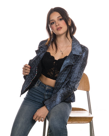 Giselle - Chiodo Donna Blu Effetto Graffiato in vera pelle