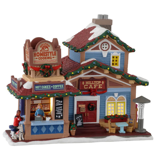Bar Hilltop Cafè, edificio illuminato per villaggio di Natale in porcellana