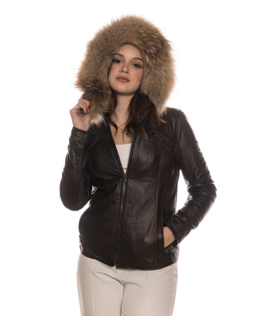 Michelina Cap - Giacca Donna Testa di Moro con Cappuccio in vera pelle