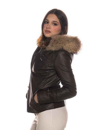 Michelina Cap - Giacca Donna Testa di Moro con Cappuccio in vera pelle