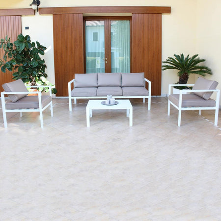 Salottino moderno per esterno "Ibiza" in alluminio con cuscini da giardino e veranda