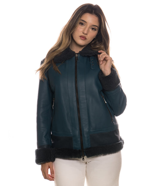 Matilde - Giacca Donna Blu in vera pelle e montone Shearling