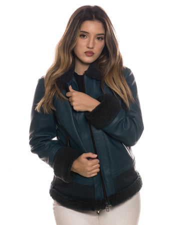 Matilde - Giacca Donna Blu in vera pelle e montone Shearling