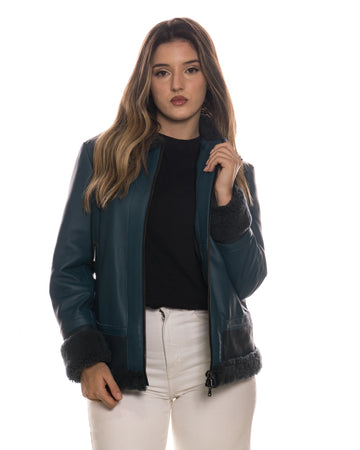Matilde - Giacca Donna Blu in vera pelle e montone Shearling