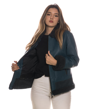 Matilde - Giacca Donna Blu in vera pelle e montone Shearling