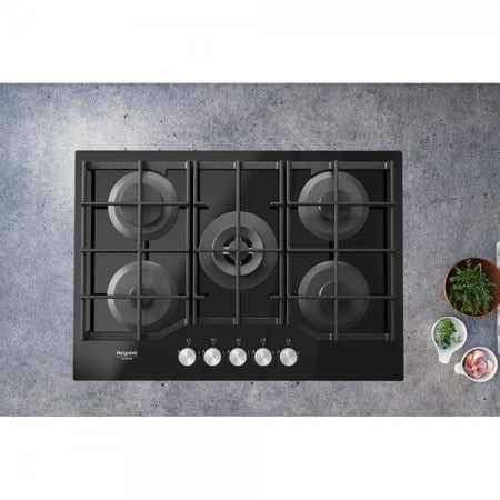 Piano cottura Gas larghezza 73 cm Finitura Vetro Nero - 5 Fuochi - Griglie Ghisa HAGS72F/BK