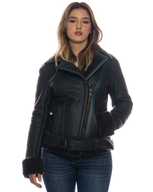 Rebecca - Chiodo Donna Blu in vero montone Shearling