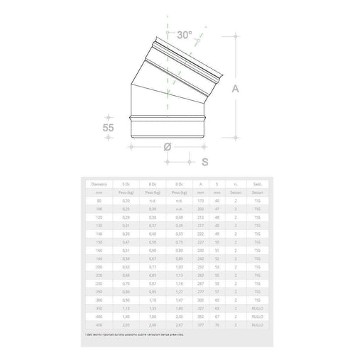 Gomito curva acciaio inox 230mm 5 decimi AISI 304