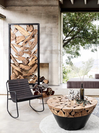 Tavolino "Grenada" base in acciaio e piano in radici di teak per interni