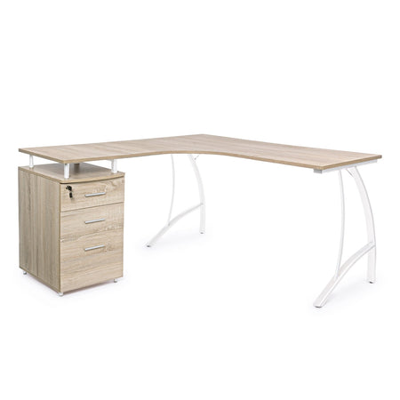 Scrivania angolare rovere con cassettiera da ufficio e cameretta 151 cm