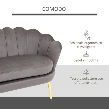 Divano 2 Posti in Velluto e Gambe in Metallo, Arredamento Vintage Casa e Ufficio, 133x63x75cm Grigio soggiorno salotto studio ingresso F839-002A