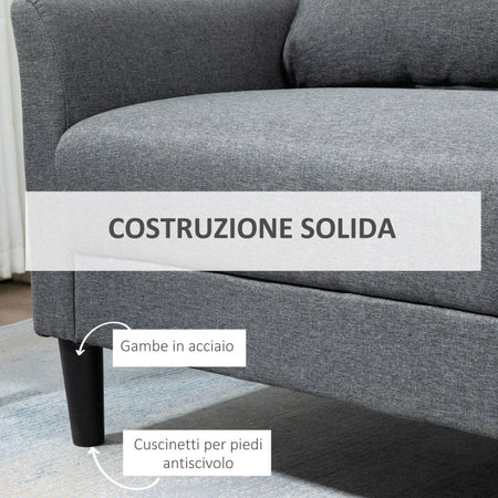 Divano 3 Posti per Casa e Ufficio con 4 Gambe in Metallo, Divano soggiorno salotto con Braccioli Imbottiti Tessuto Effetto Lino  Grigio F839-229A