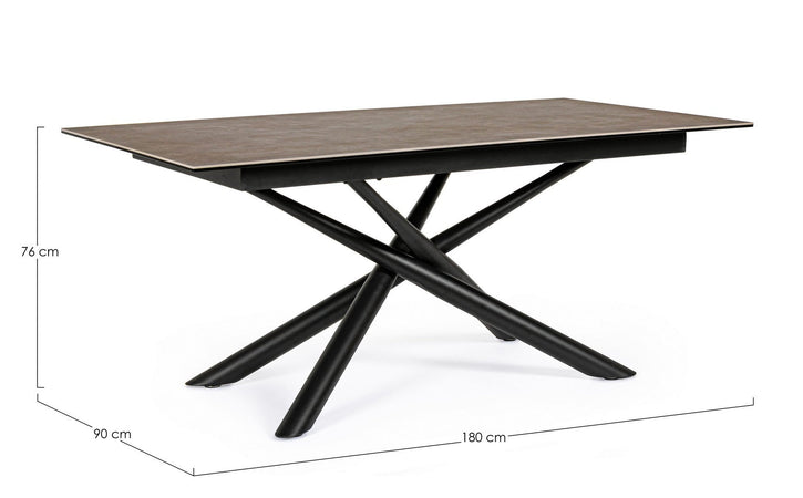 Tavolo Seyfert con struttura in acciaio, piano in ceramica e supporto in vetro