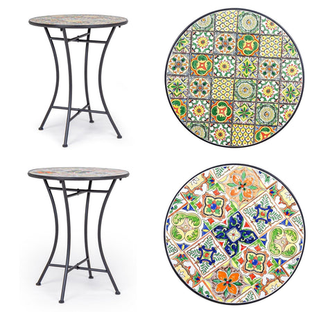 Tavolino tondo e sedie pieghevoli in acciaio trattato per giardino e bar