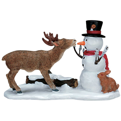 Statuetta cervo con pupazzo di neve decorazione natalizia per presepe e villaggio di Natale