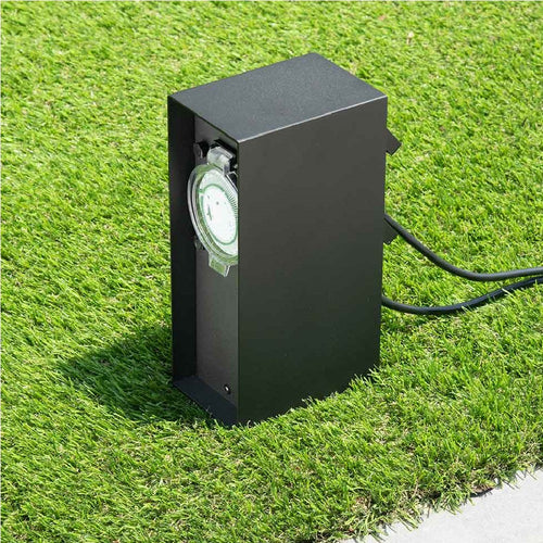 Colonna Elettrica Giardino Palo 2Prese Impermeabili Timer Protezione Bambini Nero